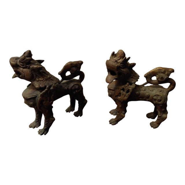 18th Century Chinese Bronze Foo Dogs with Natural Patina - a Pair For Sale
