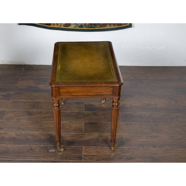Wood English 19th Century Mahogany Desk with Green Leather Top and Reeded Legs For Sale - Image 7 of 12