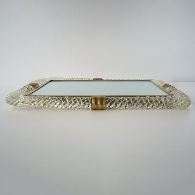 Vintage circa 1940s Barovier & Toso Murano twisted glass and brass accent tray. Mirrored tray surface is framed in brass...