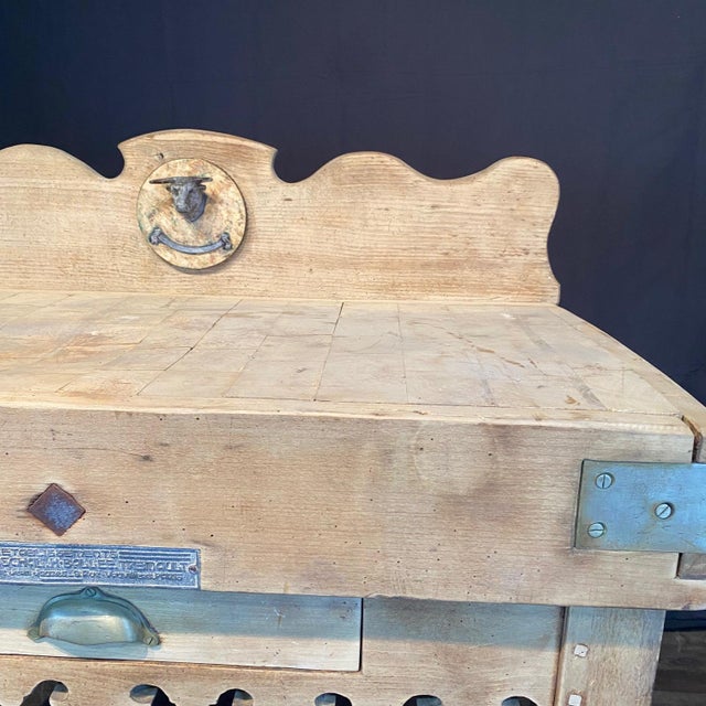 French Provincial Antique French Butcher’s Block Table With Bull’s Head Mount and Rare Paris Label For Sale - Image 3 of 18