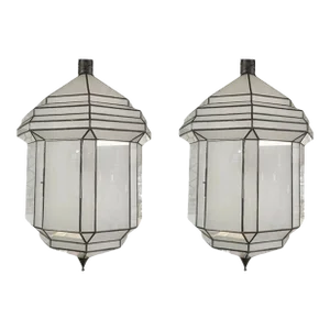Large Art Deco Style White Milk Glass Chandelier, Pendant or Lantern, a Pair