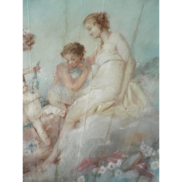 Antique French Louis XV Period Finely Painted Pale Blue Fan in Gilt Frame With Angels and Cherubs For Sale In Tampa - Image 6 of 13