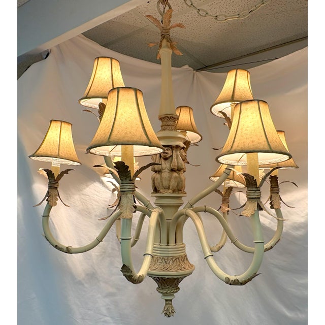 Vintage 9-Light Coastal Chinoiserie Style Monkey Chandelier With Rawhide Shades For Sale - Image 11 of 18