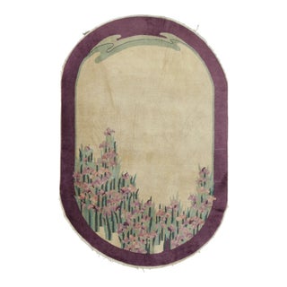 Antique Chinese Art Deco Oval Rug With Rising Irises and Lilac Border For Sale