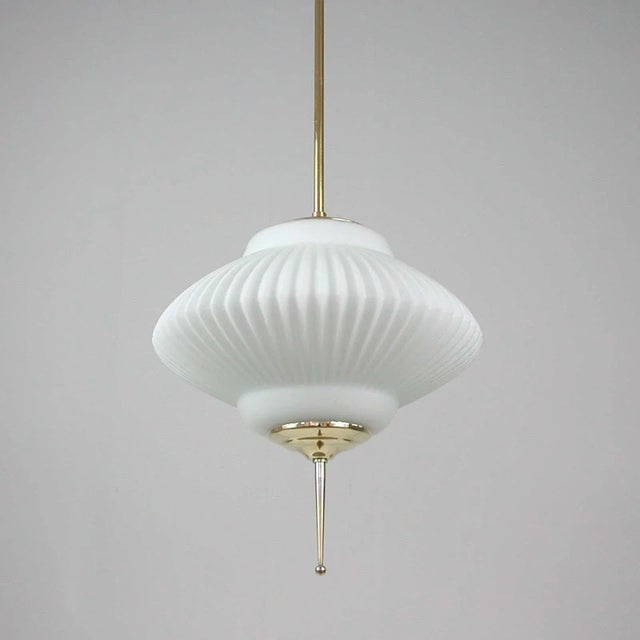 Mid-Century Ribbed Milk Glass & Brass Globe Pendant Attributed to Stilnovo For Sale - Image 8 of 18