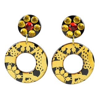 Black and Gold Acrylic Resin Jeweled Dangle Clip Earrings For Sale