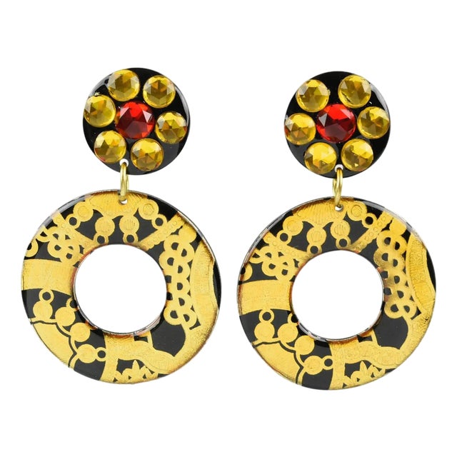 Black and Gold Acrylic Resin Jeweled Dangle Clip Earrings For Sale