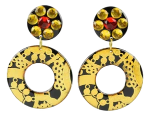 Black and Gold Acrylic Resin Jeweled Dangle Clip Earrings