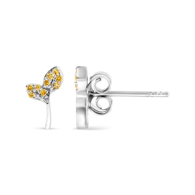 Haus of Brilliance 925 Sterling Silver 1/16ct TDW Yellow Treated Diamond Leaf Earrings For Sale - Image 4 of 4