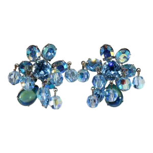 Vintage Vendome Blue Rhinestones Cabochons & Beads Earrings - 2 Pieces