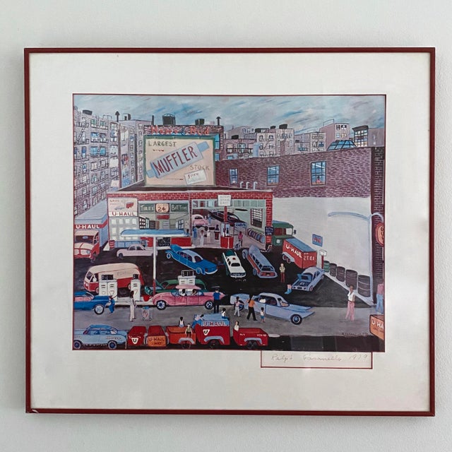 1979 Happy and Bud’s Service Station Signed and Framed Print by Ralph Fasanella For Sale - Image 4 of 4