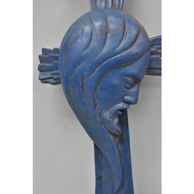 Vintage Religious Jesus Sculpted Resin Blue Mid Century Wall Crucifix Cross For Sale - Image 4 of 14