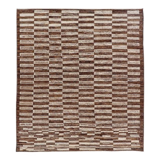 Natural Wool Modern Rug With Checkered Design in Brown, Cream, and Taupe For Sale