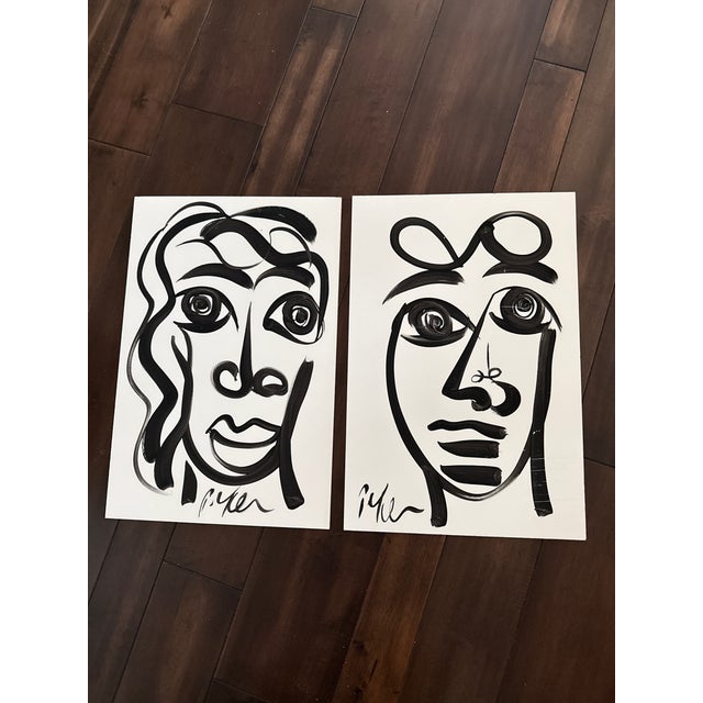 Great pair of original paintings by Peter Keil. Painted on hard board depicting geometric portraits. Ready to frame or...