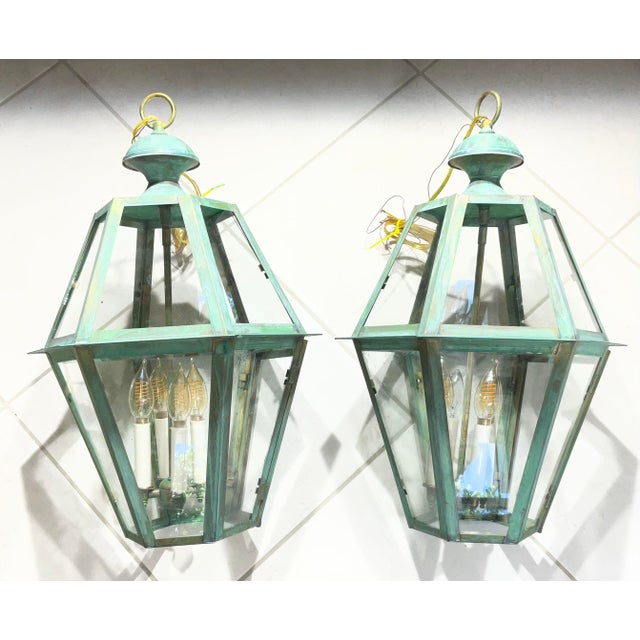 Exquisite Pair of Vintage Solid Brass Hexagonal Hanging Lanterns - 24” X 16” For Sale - Image 11 of 16