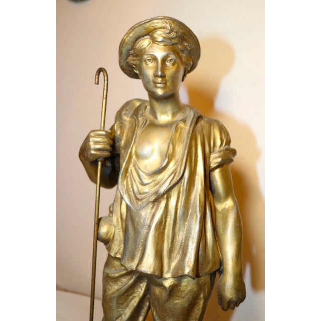 Metal Large Antique Gold Gilded Metal Sheep Herder Paysan Figural Statue Sculpture For Sale - Image 7 of 12