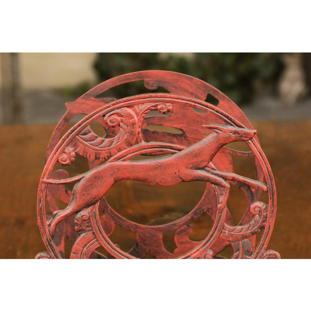 English 1930s Red Painted Metal Magazine Rack with Medallions and Greyhounds For Sale In Atlanta - Image 6 of 11