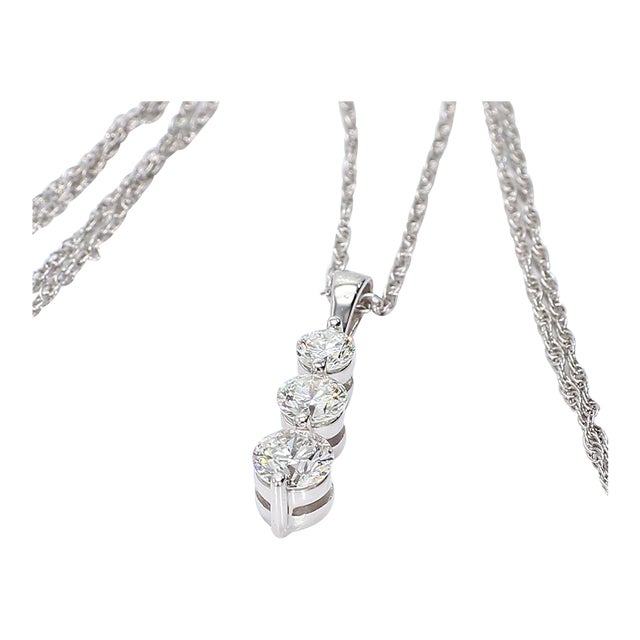 18k White Gold Three-Stone Diamond Pendant on Chain For Sale