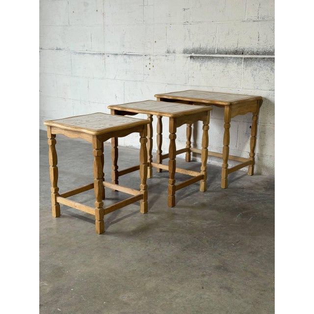 Oak Ceramic Tile-Top Nesting Tables Set of 3 Floral Spindle Legs Traditional Vintage For Sale - Image 4 of 11