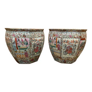 Antique Chinoiserie Octagonal Porcelain Planters - Set of 2 For Sale