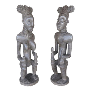 1920s Hand Carved Male and Female African Statues From Cameroon