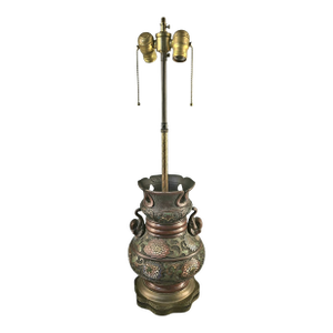 Antique Asian Bronze Champlevé Enamel Double Socket Elephant Handle Tall Banquet Table Lamp