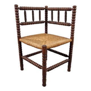 Arts and Craft Style Bobbin Corner Chair in Oak with Rush Seat, 1950s For Sale