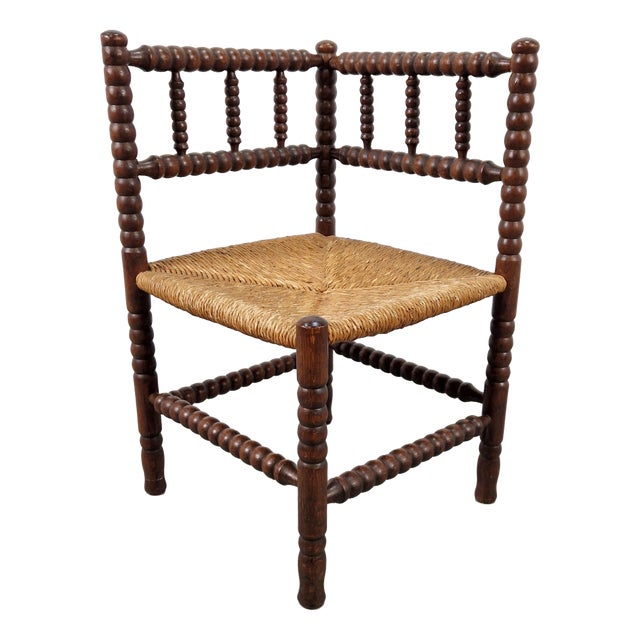 Arts and Craft Style Bobbin Corner Chair in Oak with Rush Seat, 1950s For Sale