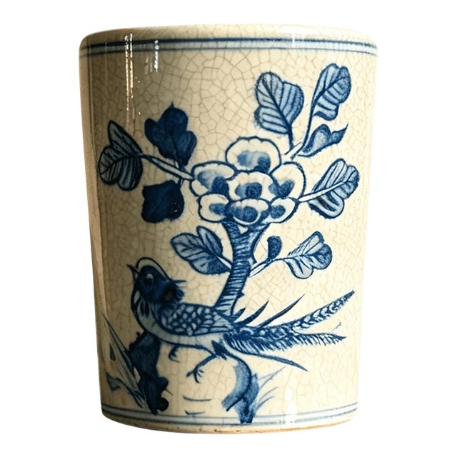 Chinese Ceramic Pot,Blue and White Porcelain Brush Pot Hand Painted Flowers and Birds Pattern For Sale