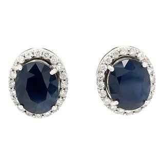 14ct White Gold Sapphire & Diamond Stud Earrings 7.56ct 4.66g, A Pair For Sale