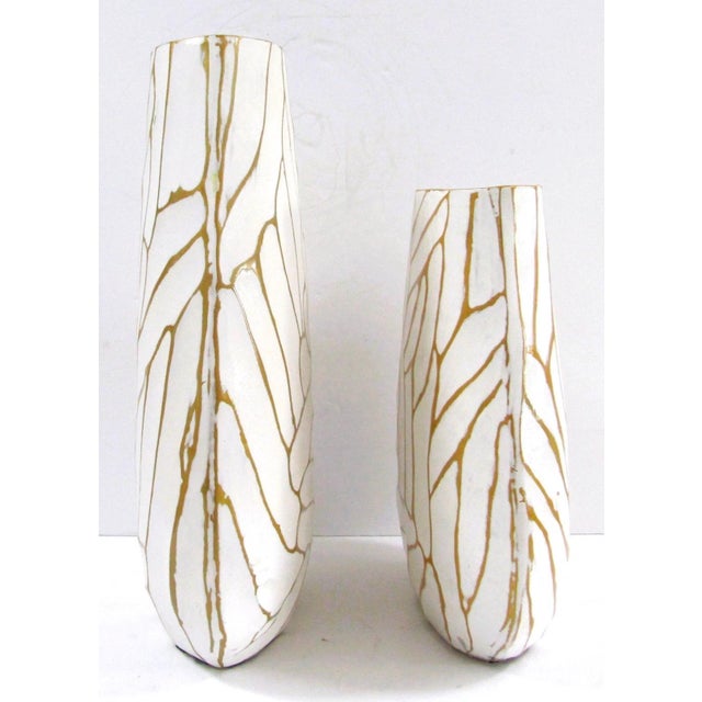Currey & Company Pair of Currey & Company Cast Aluminum Anika White With Gold Accent Vases For Sale - Image 4 of 11