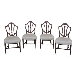 Modern Theodore Alexander Carved Shield Mahogany Dining Chairs- Set of 4 For Sale