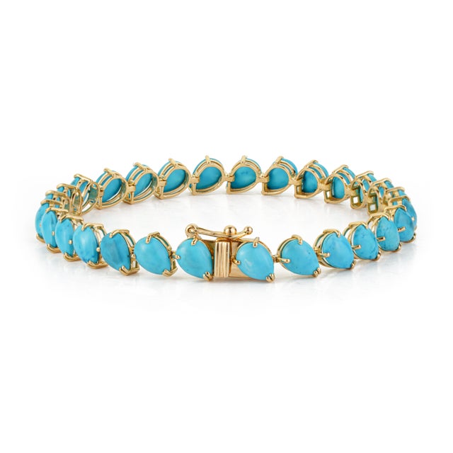 Handcrafted 18k Gold 16.14ct Pear Turquoise Tennis Bracelet 7 Inches by VRJewels For Sale - Image 9 of 16