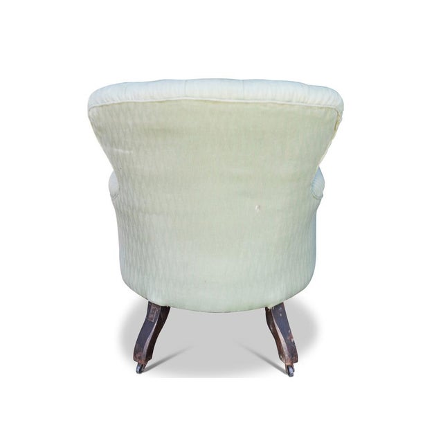 Victorian Green Button-Tufted Armchair with Mahogany Legs and Porcelain Castors in the style of Howard and Sons, 1890s For Sale - Image 5 of 6