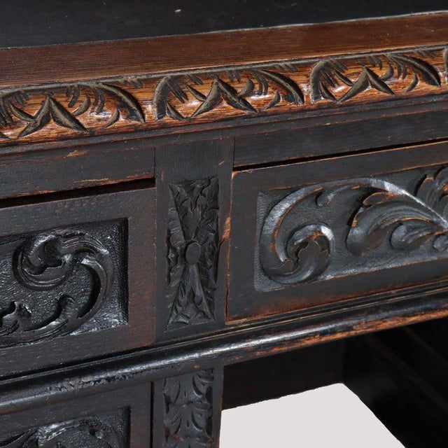 1910s Antique Rj Horner Carved Oak Kneehole Desk With Figural Carved Pulls C1910 For Sale - Image 5 of 16