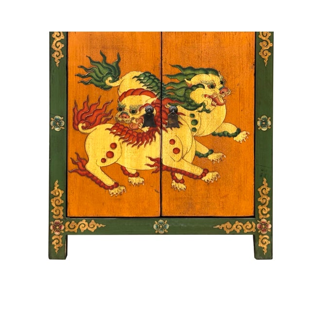 Tibetan Style Green Ochre Two Snowlions End Table Nightstand For Sale - Image 4 of 15