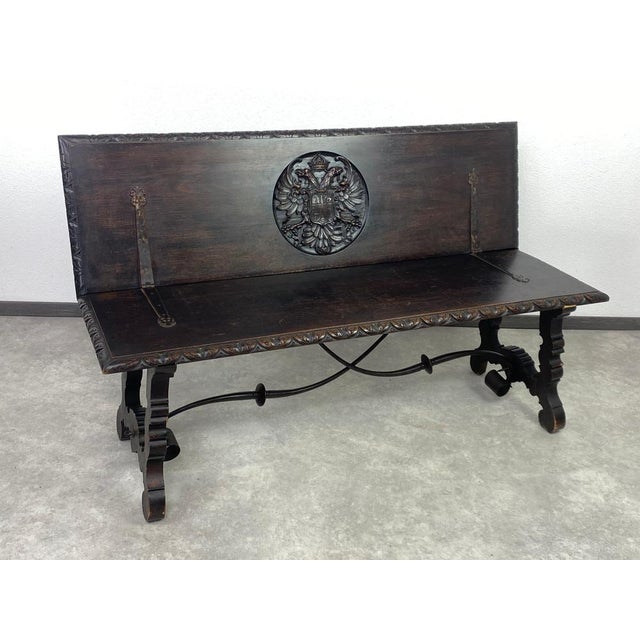 19th Century Spanish Renaissance Carved Chestnut and Iron Bench in very nice original condition with signs of use