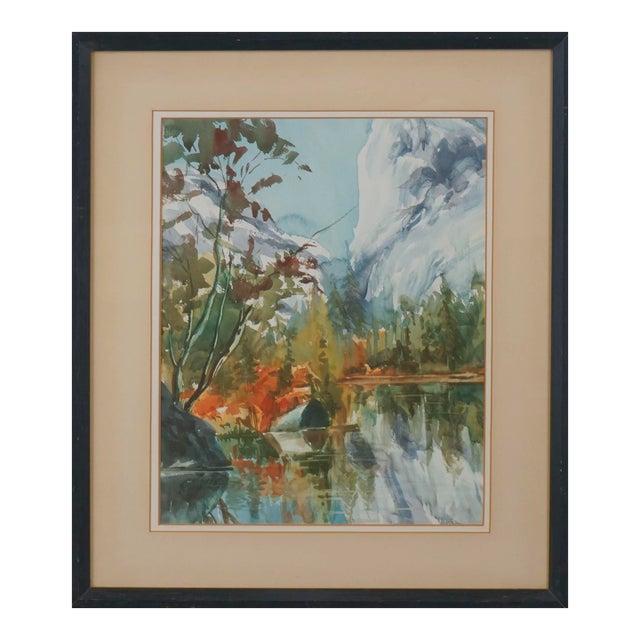 Vintage Yosemite Valley and Half Doom in Autumn Watercolor Landscape by P Mar Kunth For Sale