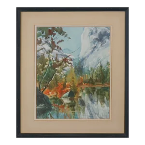 Vintage Yosemite Valley and Half Doom in Autumn Watercolor Landscape by P Mar Kunth