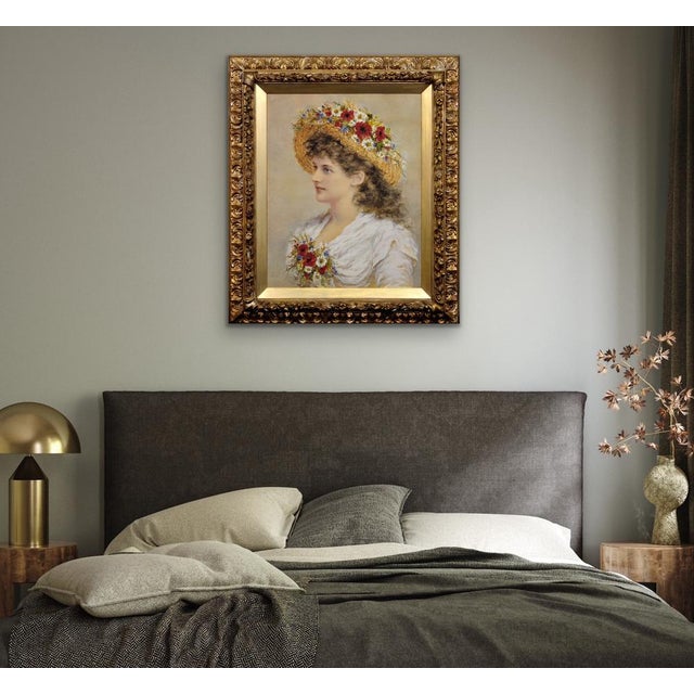 Alice Anne Renshaw, Young Lady with Summer Meadow Flowers in Her Straw Hat, Watercolour & Gouache Painting, 1800s, Framed For Sale - Image 11 of 18