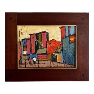 Vintage Oil Painting Abstract Street View With Bright Colors by Rodolfo Jara For Sale