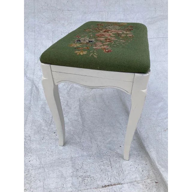 1950s Vintage Floral Needlepoint Newly Painted Mahogany Bench For Sale - Image 5 of 7