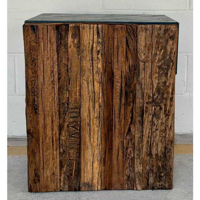 Original retail $894, stylish Revelation Organic Modern Reclaimed Pine Jonah Side Table, honed black marble top, showroom...