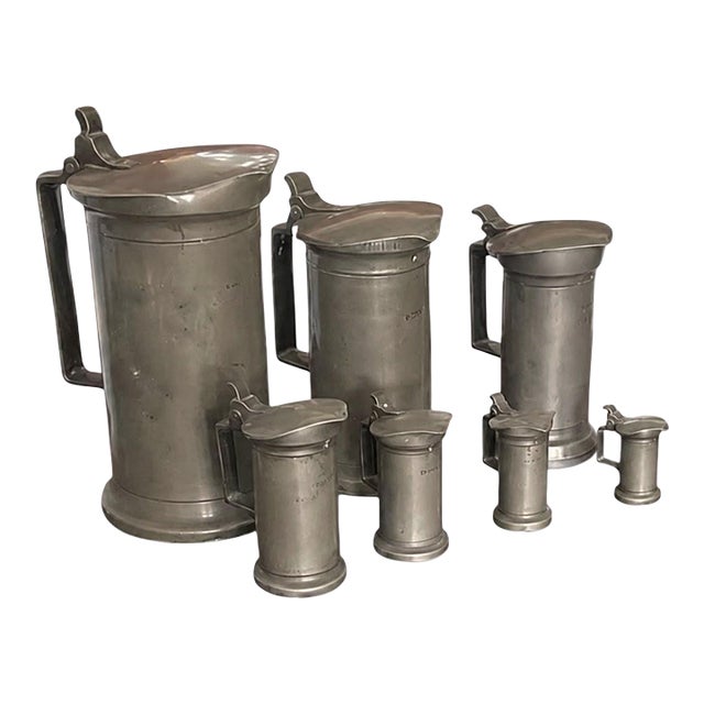 Set of 7 of 19th Century Antique French Pewter Measuring Flagons For Sale