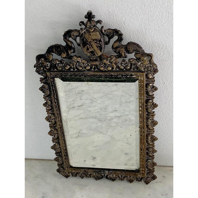 Brass Antique French Cast Brass Coat of Arms Wall Mirror, Early 20th Century For Sale - Image 8 of 11