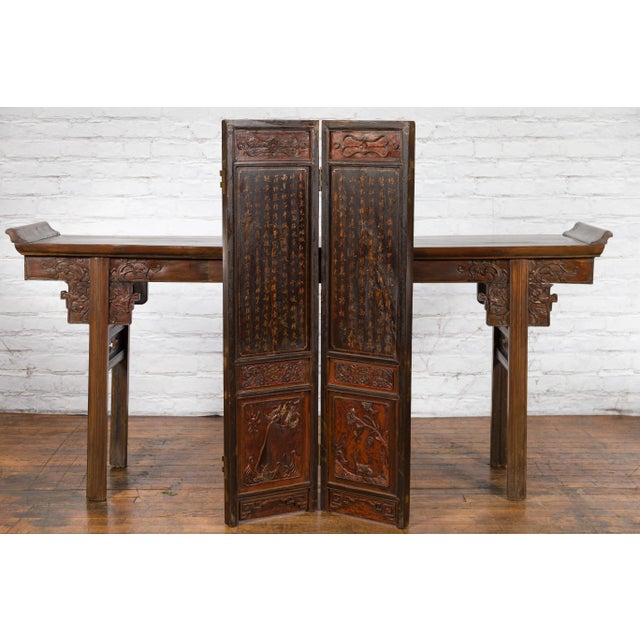 Early 20th Century Chinese Brown & Red Two-Panel Screen with Calligraphy For Sale In New York - Image 6 of 13