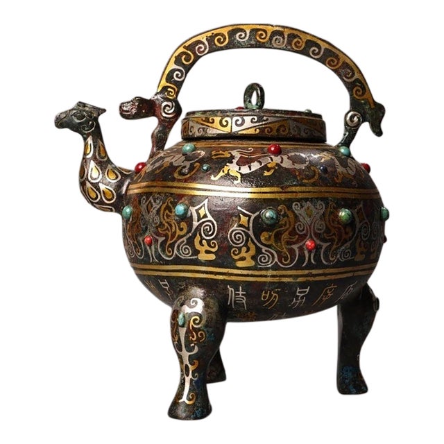Vintage Bronze Lidded Tripod Ewer With Gold Silver Inlay & Gemstone Inset, Bird Spout Wine Vessel For Sale