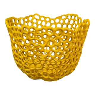 Decorative Sunny Yellow Modern Ceramic Free Form Pierced Bowl, Jardinière, Center Piece For Sale