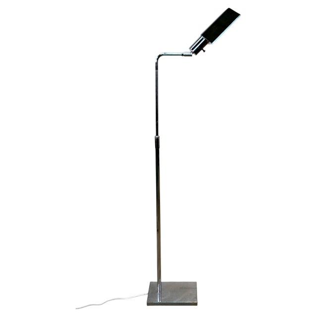 Authentic, vintage 1970s Mid-Century Modern chrome pharmacy task floor lamp by Koch & Lowy. This iconic minimalist piece...