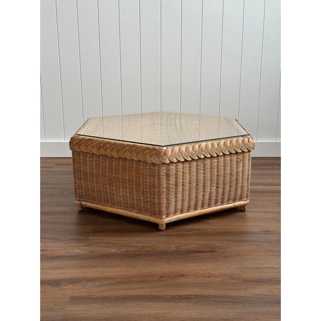 Vintage Coastal Brown Jordan Braided Rattan Hexagonal Coffee Table For Sale In Greensboro - Image 6 of 15